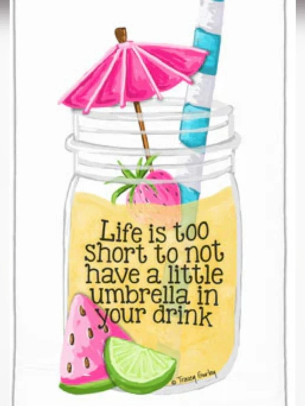 Kitchen - Summer Mason Jar Drink Art - Pink Umbrella & Striped Straw Tea Towel